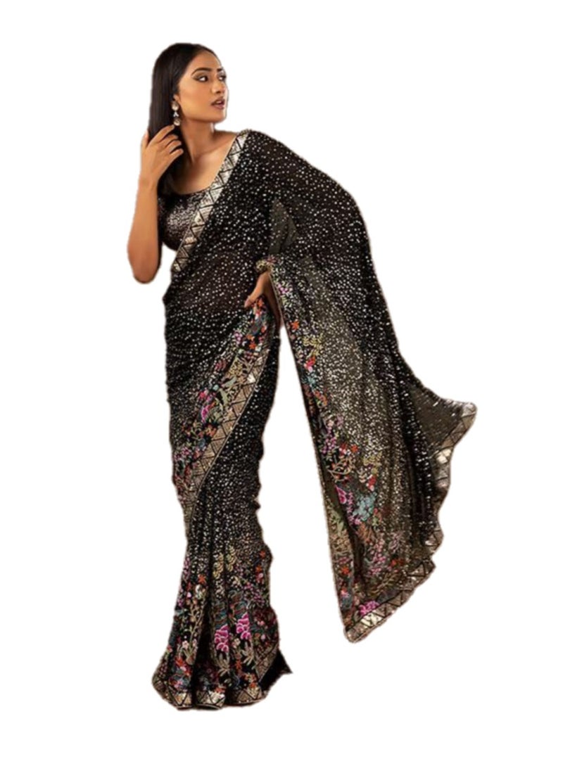Grab Mantra - Georgette Black Saree With Multi Colour Thread Plus Sequence Work and Unstitched Blouse - Image 1