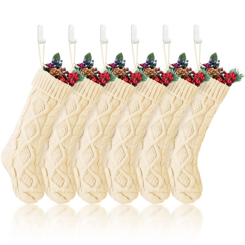 Zhanmai 6 Pack Christmas Stockings Cable Knit Christmas Stockings with Holders Large Classic Xmas Fireplace Hanging Stockings for Xmas Holiday Party Family Christmas Decoration White18 Inch