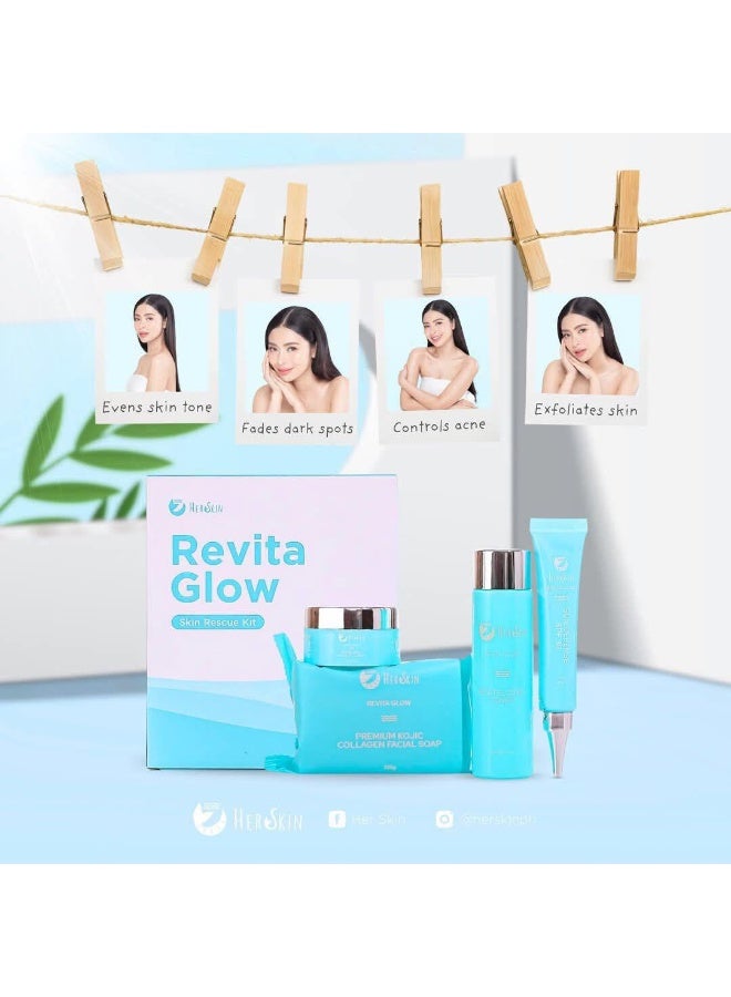 HerSkin Revita Glow Skin Rescue Kit with Revital Glow Toner, Premium Kojic Collagen Facial Soap, Face Cream and Sun Defense SPF 30 Complete Daily Skincare Set for Radiant Looking Skin - Image 3