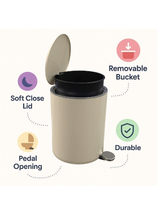 Primanova 5 Liter Metal Pedal Waste Bin With Soft-Close Lid – Compact Trash Can for Bathroom, Kitchen, Office, Bedroom, Living Room (Beige) - Image 5