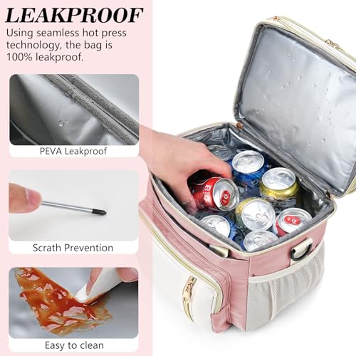 LOKASS Lunch Box & Lunch Bag for Women Men Double Deck, Large Insulated Adult Lunch Box Leakproof Lunchbox Cooler Bag for Work Picnic Beach,（Pink&White 16L） - Image 4