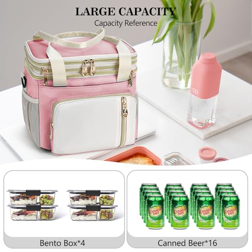 LOKASS Lunch Box & Lunch Bag for Women Men Double Deck, Large Insulated Adult Lunch Box Leakproof Lunchbox Cooler Bag for Work Picnic Beach,（Pink&White 16L） - Image 5