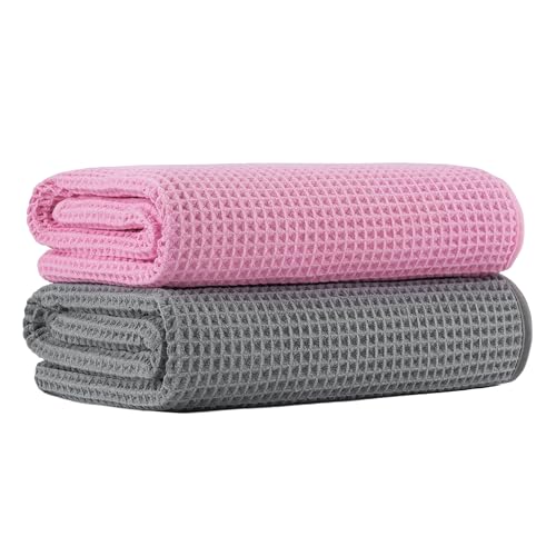 MICROFI New Microfiber Waffle Bath Towels, 2 Pieces, Oversized, Soft, Absorbent, Fast Drying, Lint Free 430 GSM (Gray+Pink) - Image 1