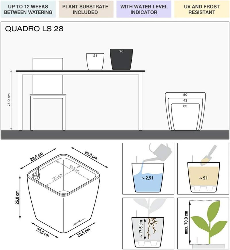 Lechuza Self Watering Plant Pot QUADRO LS 28 Garden Flower Indoor Outdoor Table Plastic Small Planter with Drainage Hole H26 L28 W28 cm Shiny Taupe - Image 2