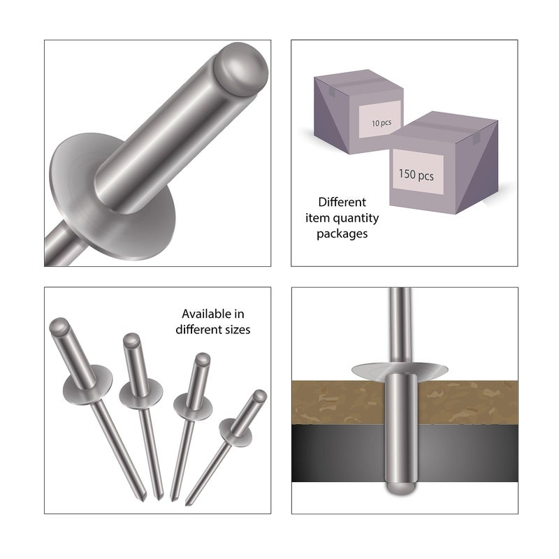 LauTech 4mm x 17mm Pop Rivets Rivet with Large Flange Rivets (150 Pack) - Blind Rivet, Large Head Dome Rivets with Aluminium Body and Steel Mandrel for Metal, Tinplate, Metal Fastening - Push Rivets - Image 5
