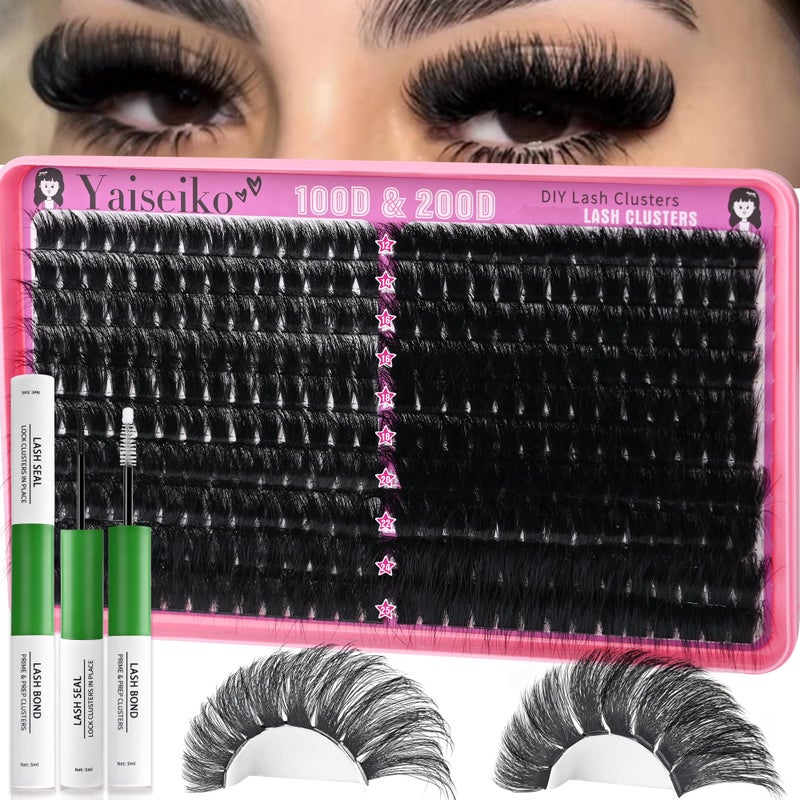Yaiseiko Lash Clusters Kit 100D+200D Thick Volume Eyelash Clusters Kit 12-25mm Wispy Individual Lashes D Curl Long Cluster with Lash Bond and Seal Waterproof DIY Lash Extension Kit(KIT-280PCS) - Image 1