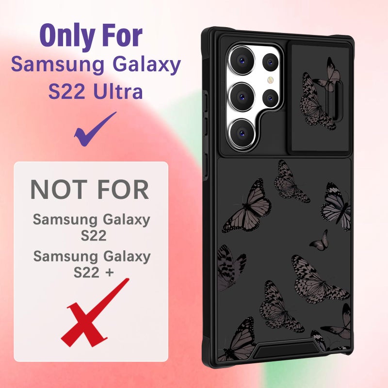 Funermei for Samsung Galaxy S22 Ultra Case - Women Butterfly Cute Girls Phone Cover Girly Pretty Kawaii Black Butterfly Design with Camera Cover+Ring Stand Funda for Galaxy S22 Ultra Case 5G - Image 2