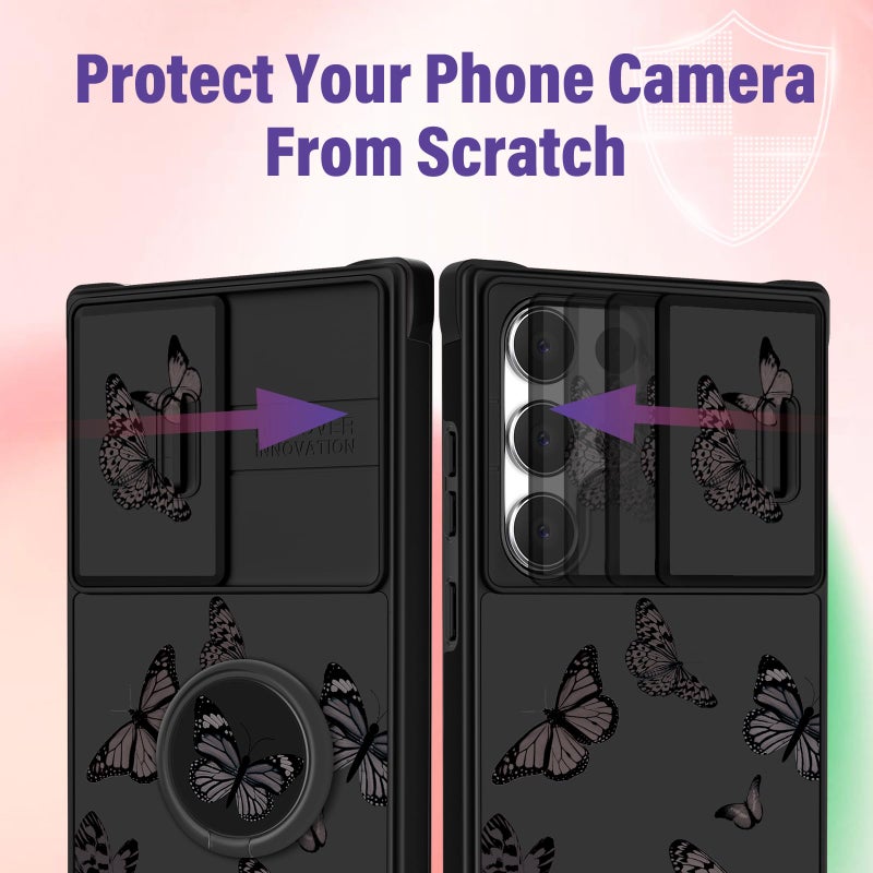 Funermei for Samsung Galaxy S22 Ultra Case - Women Butterfly Cute Girls Phone Cover Girly Pretty Kawaii Black Butterfly Design with Camera Cover+Ring Stand Funda for Galaxy S22 Ultra Case 5G - Image 4