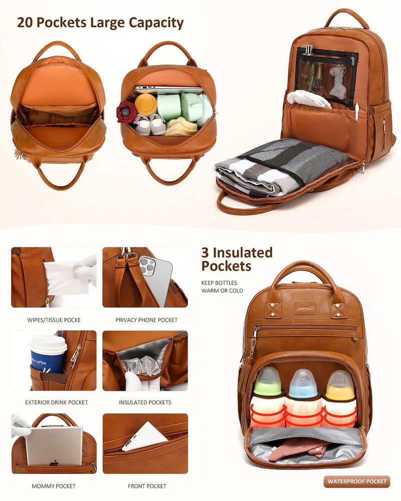 ROSEGIN Premium Vegan Leather Diaper Bag Backpack with Waterproof Changing Pad, Reinforced Zippers & Odor-Free, 20 Pockets Pro Organizer, Fits 15.6" Laptop, Stroller Straps, Baby Bag for Mom, Brown - Image 2