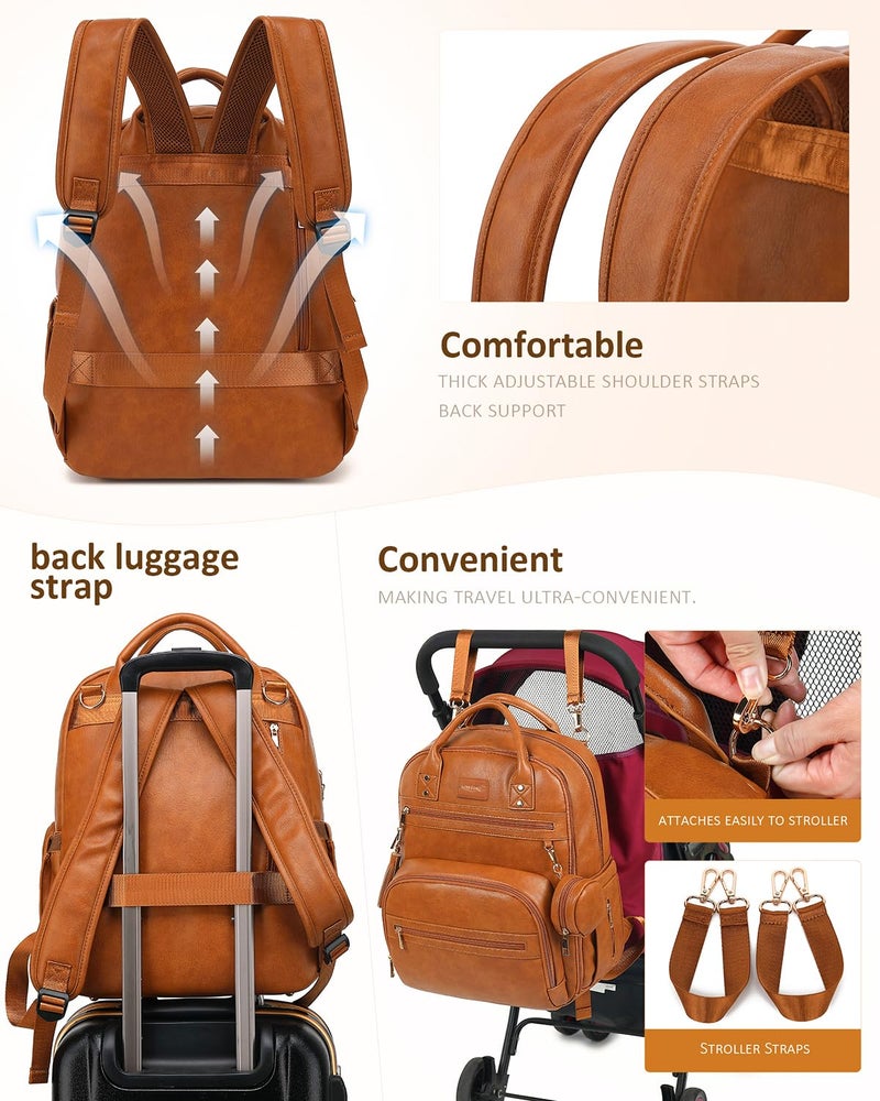 ROSEGIN Premium Vegan Leather Diaper Bag Backpack with Waterproof Changing Pad, Reinforced Zippers & Odor-Free, 20 Pockets Pro Organizer, Fits 15.6" Laptop, Stroller Straps, Baby Bag for Mom, Brown - Image 3