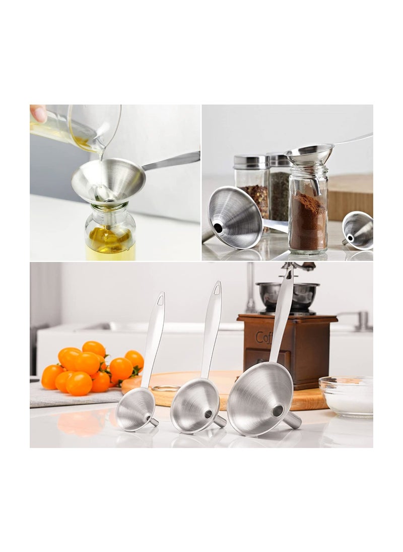 RATSAW - Small Funnels for Filling Bottles 3 Pcs Stainless Steel Kitchen Funnel Set with Long Handle Food Grade Mini Metal Funnel for Transferring Oil Liquid Easy Cleaning with a Brush - Image 1