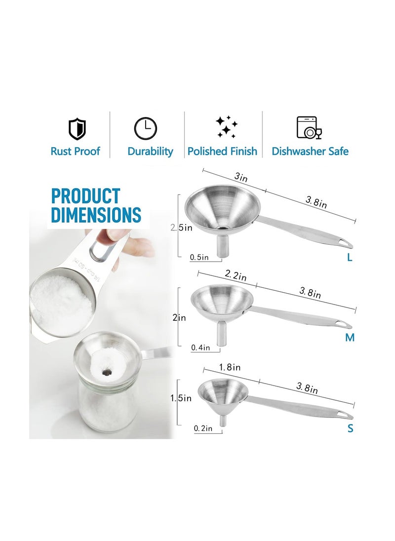 RATSAW - Small Funnels for Filling Bottles 3 Pcs Stainless Steel Kitchen Funnel Set with Long Handle Food Grade Mini Metal Funnel for Transferring Oil Liquid Easy Cleaning with a Brush - Image 1