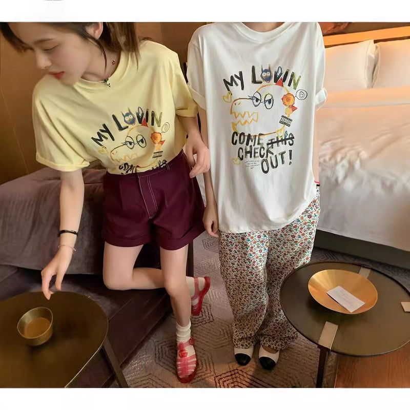 [] Ms Graffiti Two-Color T-Shirt Women'S Short-Sleeved Round Neck Printed Loose All-Match Top - Image 2