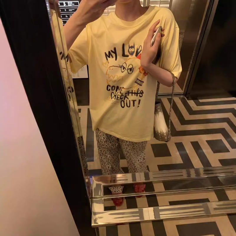 [] Ms Graffiti Two-Color T-Shirt Women'S Short-Sleeved Round Neck Printed Loose All-Match Top - Image 3