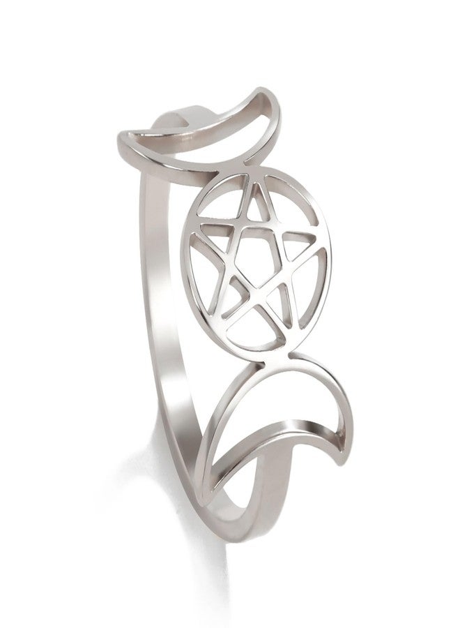 TEAMER Stainless Steel Triple Moon Goddess Ring Amulet Wicca Pentagram Ring Pagan Jewelry for Women (Silver, 8) - Image 1