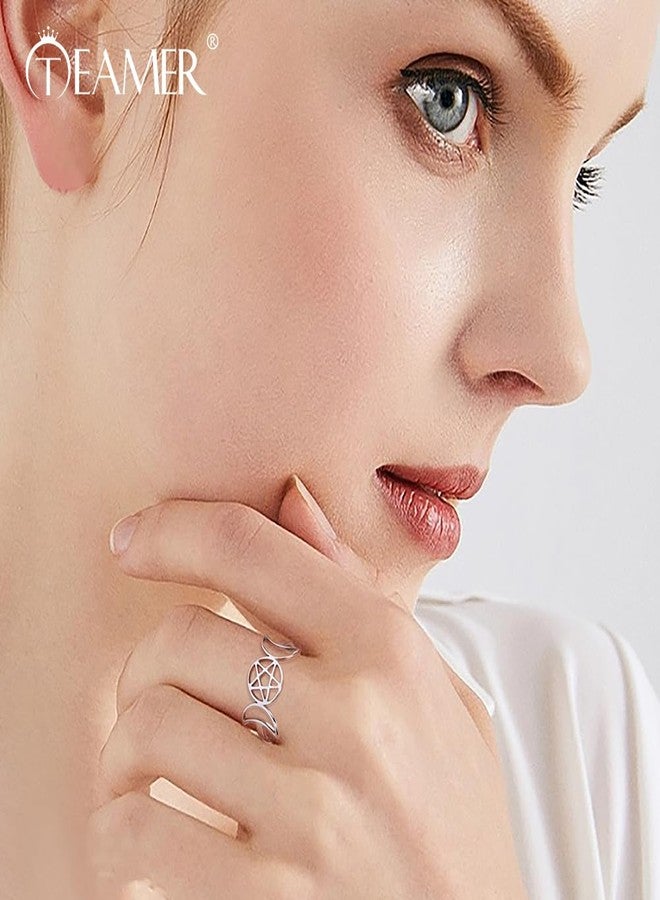 TEAMER Stainless Steel Triple Moon Goddess Ring Amulet Wicca Pentagram Ring Pagan Jewelry for Women (Silver, 8) - Image 4