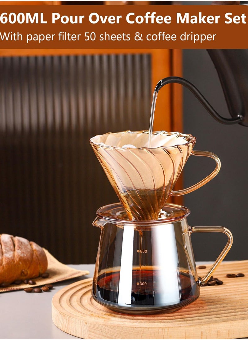 Glass Coffee Server Set 600ml Glass Pour Over Coffee Maker Set with Dripper V60 Coffee Pot for Home and Office