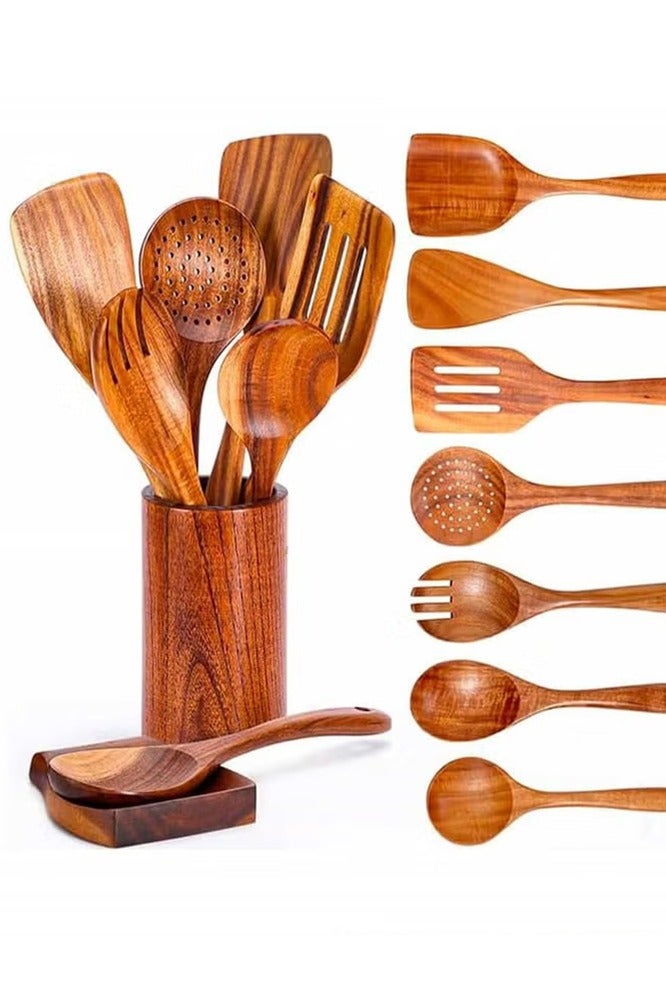 مجموعة ملاعق طهي خشبية 9 قطع مع مسند ملاعق ملاعق خشبية للطهي مجموعة أواني مطبخ أدوات طهي خشبية أدوات طهي خشبية مجموعة أدوات مطبخ خشبية من خشب الساج الطبيعي مع مسند ملاعق ملاعق خشب ملعقة خشب طقم ملاعق طبخ  ملاعق طبخ ملاعق خشب للطبخ ملاعق سيليكون - Image 1