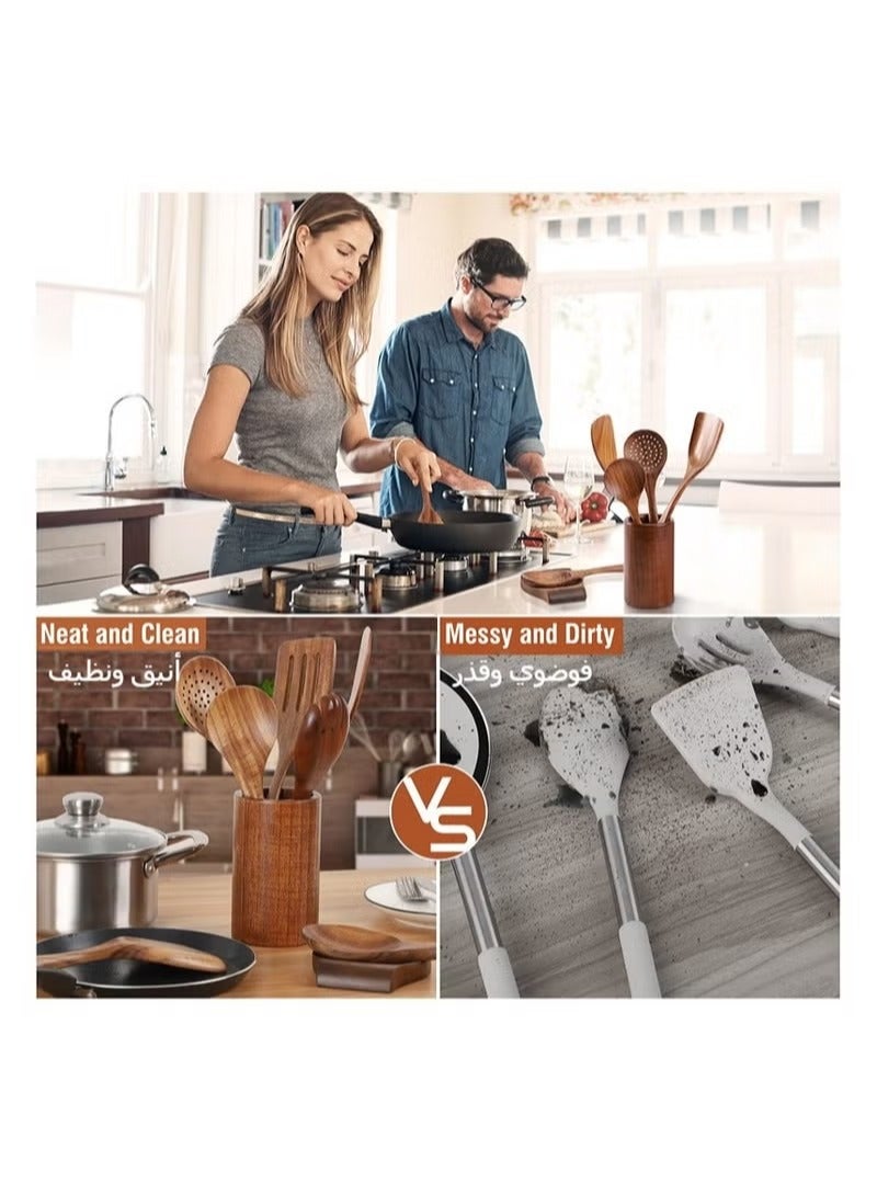 مجموعة ملاعق طهي خشبية 9 قطع مع مسند ملاعق ملاعق خشبية للطهي مجموعة أواني مطبخ أدوات طهي خشبية أدوات طهي خشبية مجموعة أدوات مطبخ خشبية من خشب الساج الطبيعي مع مسند ملاعق ملاعق خشب ملعقة خشب طقم ملاعق طبخ  ملاعق طبخ ملاعق خشب للطبخ ملاعق سيليكون - Image 4