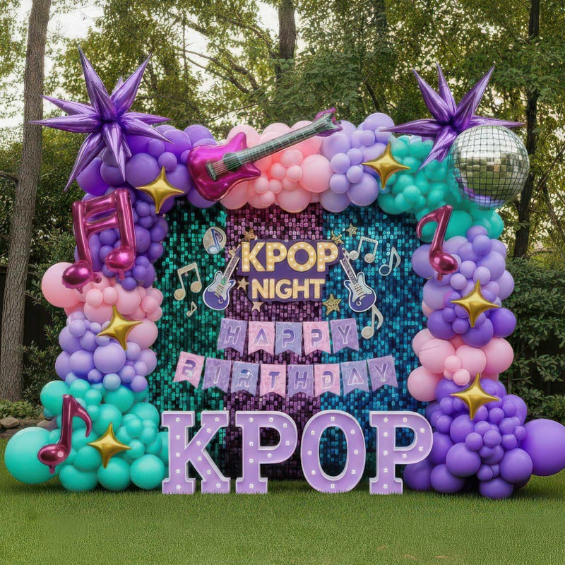 kozee Purple pink Balloon Arch Garland Kit with Banner Musical symbols Disco Star mylar balloons for kpop music Birthday Decorations Y2K Concert Movies Tv fans Prom Party Supplies (Purple pink) - Image 1