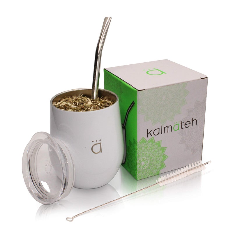 Kalmateh Yerba Mate Gourd  Double Walled Stainless Steel with BPA Free Lid Bombilla Filter Straw  Bombilla Cleaner White 8 oz