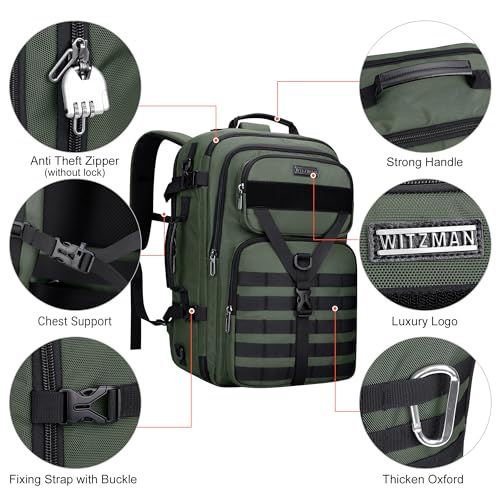 WITZMAN Carry On Travel Backpack for Men Large Convertible 45L Luggage Backpack fit 17 Inch Laptop Airline Approved（B688 Army Green） - Image 5