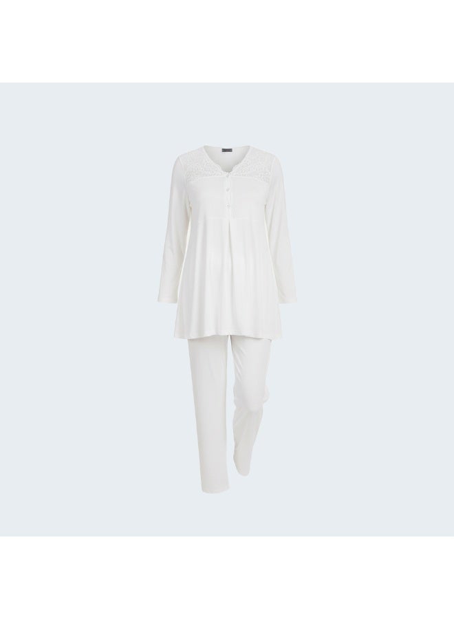 3-Piece Maternity & Nursing Pajama Set for Women - Long Sleeve Nursing Top, Short Lace Robe & Full-Length Pants | Cotton Lycra | Made in Turkey - Image 3