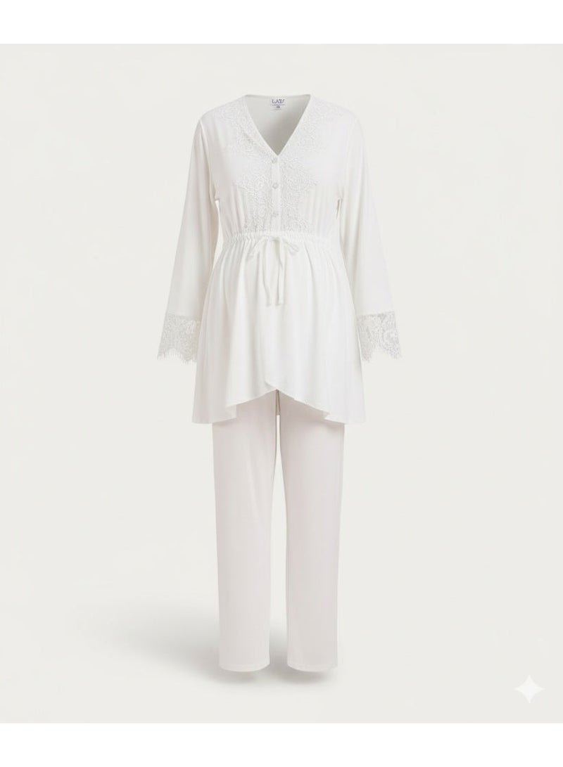 3-Piece Maternity & Nursing Pajama Set for Women - Long Sleeve Nursing Top, Short Lace Robe & Full-Length Pants | Cotton Lycra | Made in Turkey - Image 2
