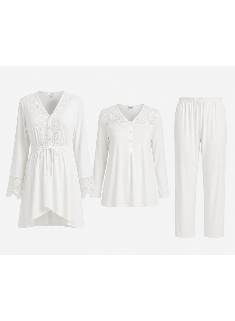 3-Piece Maternity & Nursing Pajama Set for Women - Long Sleeve Nursing Top, Short Lace Robe & Full-Length Pants | Cotton Lycra | Made in Turkey - Image 1