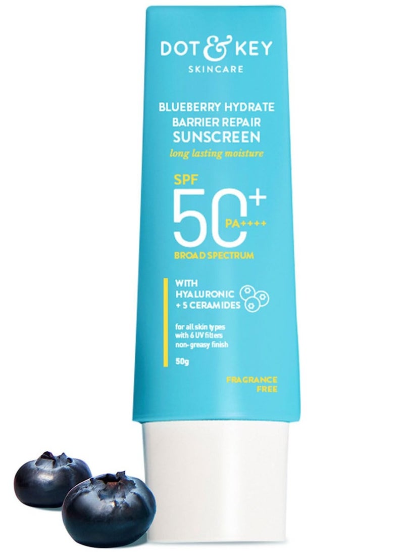 دوت آند كي بلوبيري مرطب مرطب لإصلاح البشرة من الشمس بعامل حماية من الشمس بعامل حماية من الشمس 50+، با++++ للبشرة الجافة والحساسة للبشرة الجافة والحساسة | غير دهني | لا يوجد طبقة بيضاء | لا يوجد لون أبيض | حماية من الأشعة فوق البنفسجية والضوء الأزرق | طيف واسع | للنساء والرجال | 50 جرام، 1 قطعة - Image 1