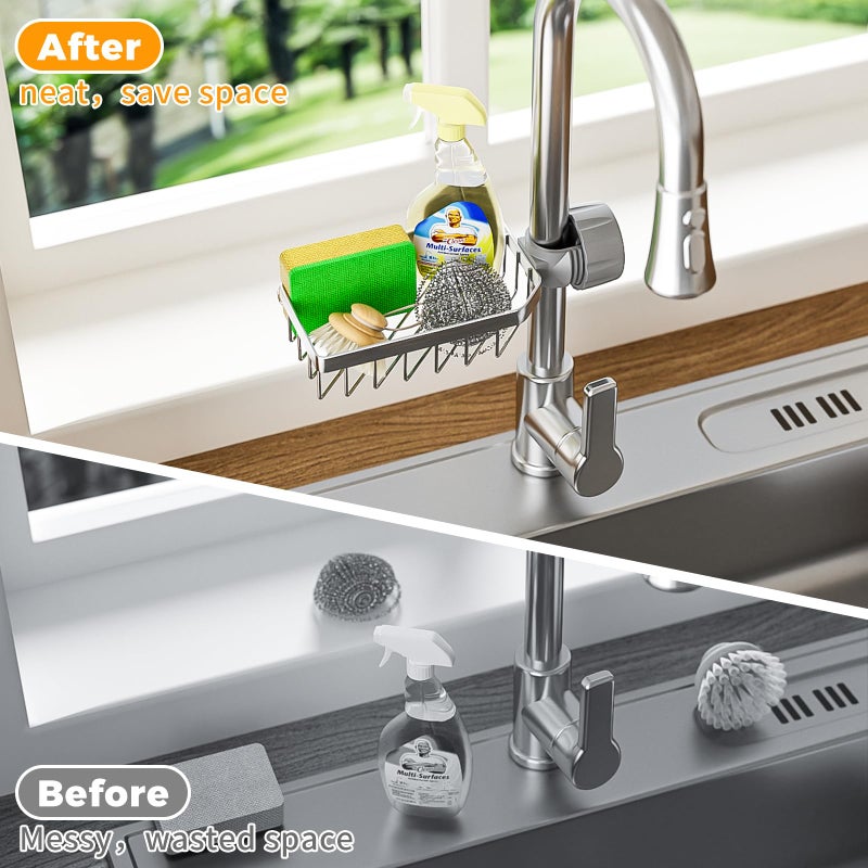 LONIN Stainless Steel Kitchen Sink Organizer Caddy â€“ Over Faucet Sponge & Brush Holder, Rust-Resistant, Adjustable Universal Fit Faucet Rack, Quick Drain Sink Space Saver - Image 2