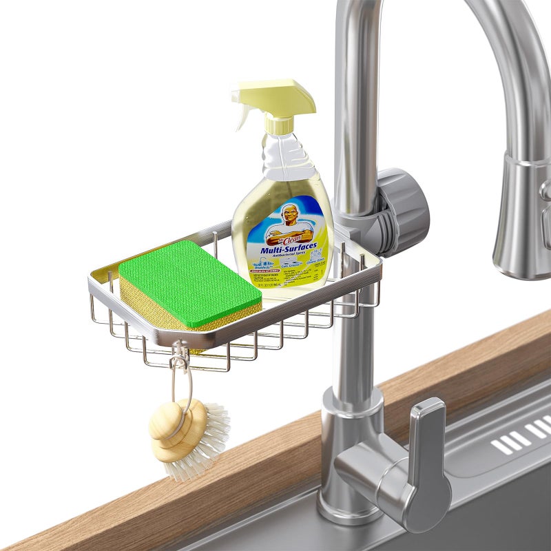 LONIN Stainless Steel Kitchen Sink Organizer Caddy â€“ Over Faucet Sponge & Brush Holder, Rust-Resistant, Adjustable Universal Fit Faucet Rack, Quick Drain Sink Space Saver - Image 1
