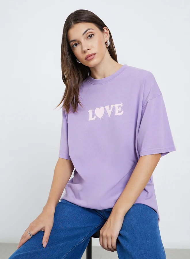 Styli Styli Acid Wash Slogan Print Oversized T-Shirt