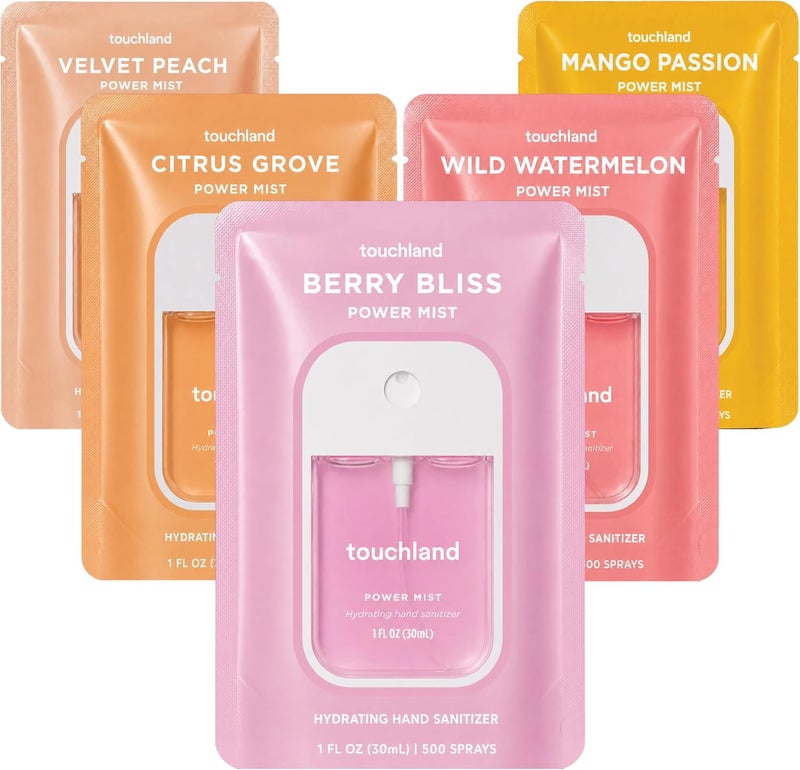 Globally engineered build Power Mist Hydrating Hand Sanitizer Spray, JUICY 5 Set (Citrus, Berry, Watermelon, Peach, Mango), 1 FL. OZ. Travel Size (Set of 5) Transparent body - Image 1