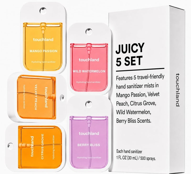 Globally engineered build Power Mist Hydrating Hand Sanitizer Spray, JUICY 5 Set (Citrus, Berry, Watermelon, Peach, Mango), 1 FL. OZ. Travel Size (Set of 5) Transparent body - Image 3