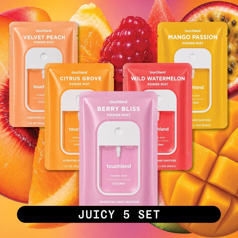 Globally engineered build Power Mist Hydrating Hand Sanitizer Spray, JUICY 5 Set (Citrus, Berry, Watermelon, Peach, Mango), 1 FL. OZ. Travel Size (Set of 5) Transparent body - Image 2