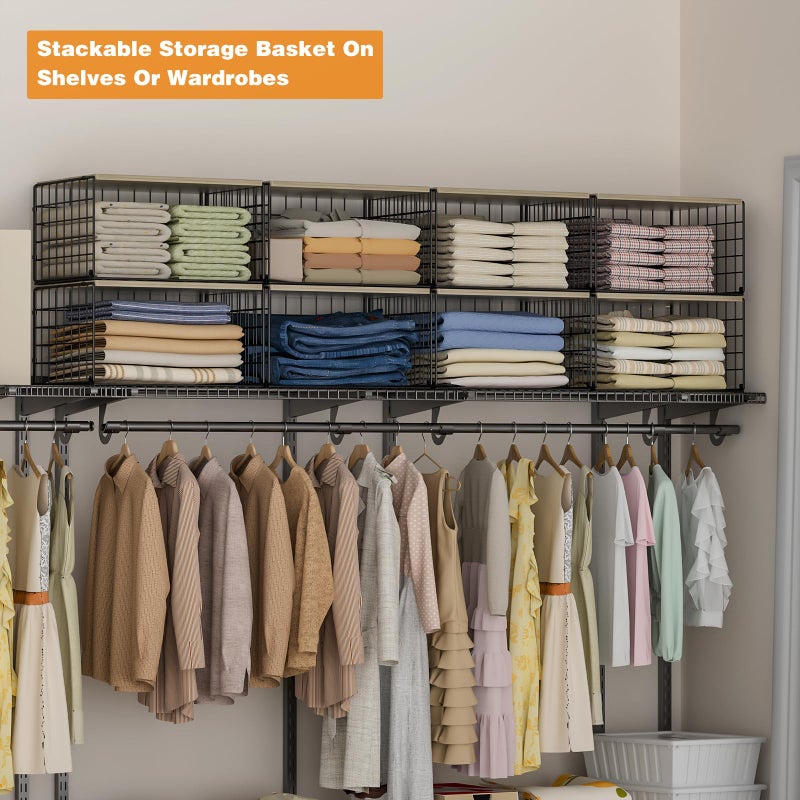Hencawima Extra-Long, Low-Profile Closet Organizers and Storage with Wood Top, 3 Pack Stackable Closet Shelf Organizer, Space-Saving Clothes Storage Bin for Wardrobe & Bedroom & Small Spaces, Sturdy Metal Black - Image 3