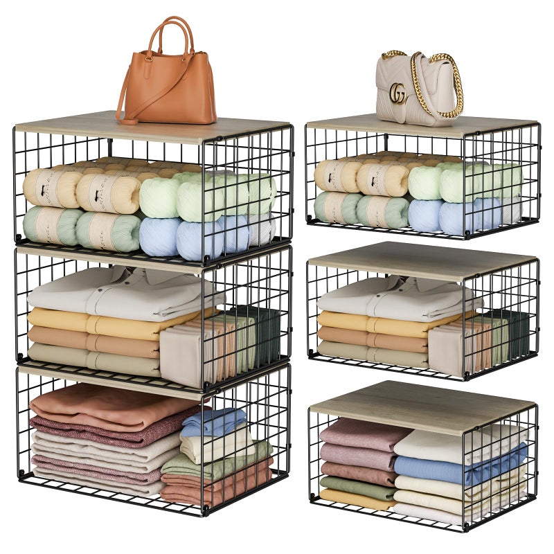 Hencawima Extra-Long, Low-Profile Closet Organizers and Storage with Wood Top, 3 Pack Stackable Closet Shelf Organizer, Space-Saving Clothes Storage Bin for Wardrobe & Bedroom & Small Spaces, Sturdy Metal Black - Image 1
