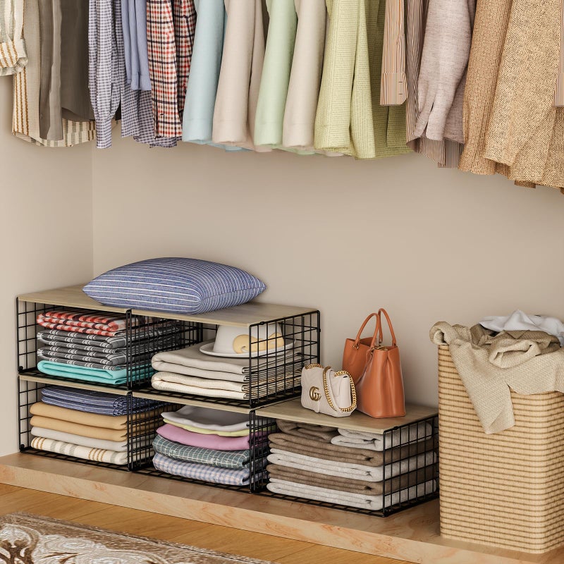 Hencawima Extra-Long, Low-Profile Closet Organizers and Storage with Wood Top, 3 Pack Stackable Closet Shelf Organizer, Space-Saving Clothes Storage Bin for Wardrobe & Bedroom & Small Spaces, Sturdy Metal Black - Image 2