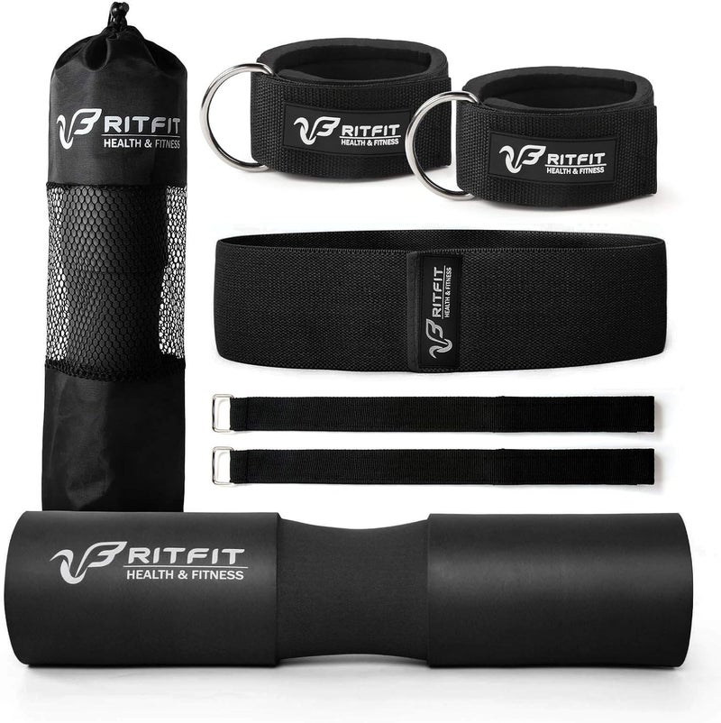 RitFit 7 Pcs Barbell Squat Pad Set, with Resistance Band, 2 Safety Straps, 2 Gym Ankle Straps & Carry Bag, Upgraded Neck & Shoulder Protective Pad Support for Squats, Lunges & Hip Thrust (Pink/Black) - Image 1