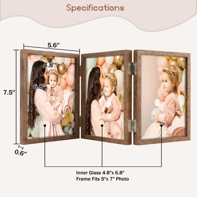 Space Art Deco 5x7 Triple Hinged Frames  3 Folding Picture Frame  Triptych Photo Frame  Stand Vertically on Desktop or Tabletop  Brown - Image 2