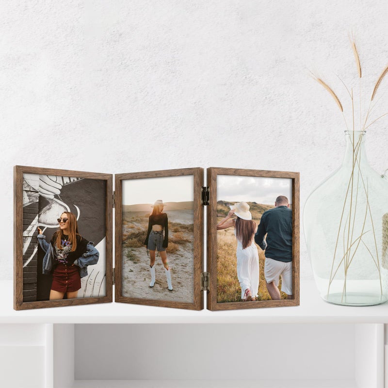 Space Art Deco 5x7 Triple Hinged Frames  3 Folding Picture Frame  Triptych Photo Frame  Stand Vertically on Desktop or Tabletop  Brown - Image 3