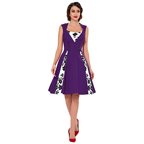 KILLREAL Women's Vintage Floral Print Sleeveless Casual Rockabilly Cocktail Dress Purple/White Medium - Image 2