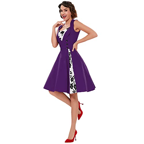 KILLREAL Women's Vintage Floral Print Sleeveless Casual Rockabilly Cocktail Dress Purple/White Medium - Image 3
