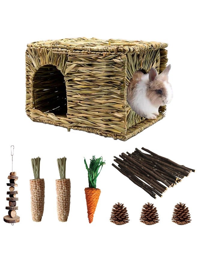 GUSGU Rabbit Grass House and Hideout Foldable, Handmade Woven Hay Bed Natural Edible Grass Hut with Bunny Chew Toys, for Bunny Hamster Chinchilla. - Image 1