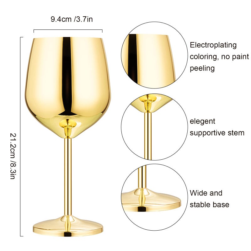 Tessco Set of 6 18 oz Stemmed Stainless Steel Wine Glass Unbreakable Glasses Drinking Glasses Wine Goblet Metallic Goblets for Outdoor Events Party Beach Pool Travel Wedding Anniversary(Gold) - Image 2