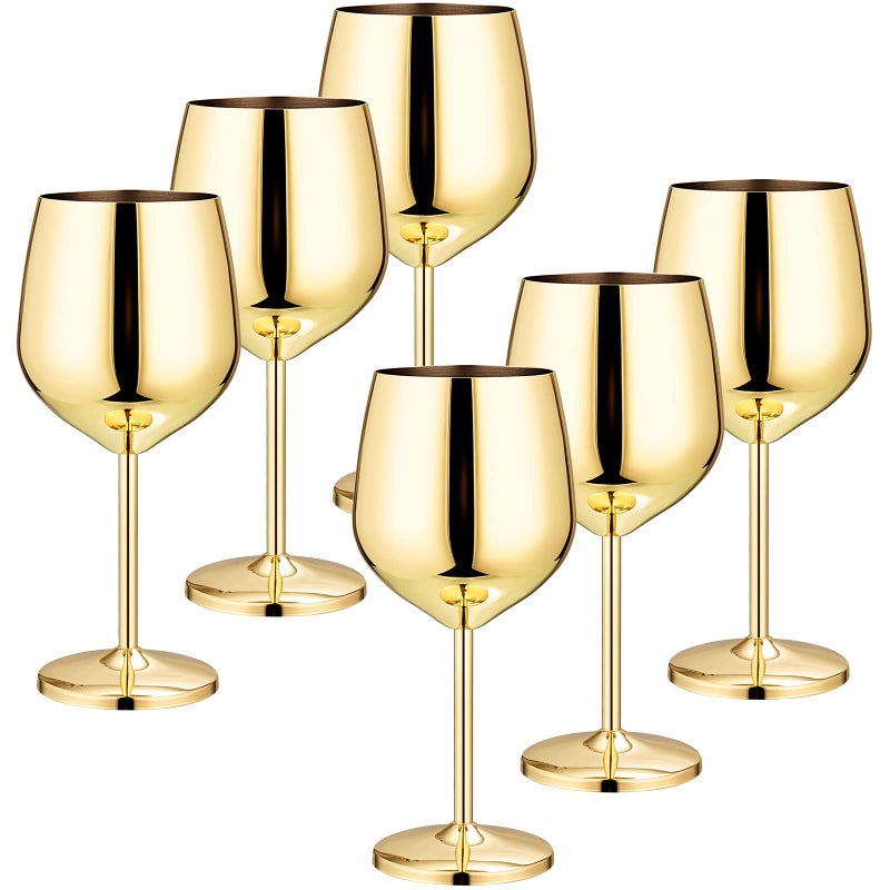Tessco Set of 6 18 oz Stemmed Stainless Steel Wine Glass Unbreakable Glasses Drinking Glasses Wine Goblet Metallic Goblets for Outdoor Events Party Beach Pool Travel Wedding Anniversary(Gold) - Image 1