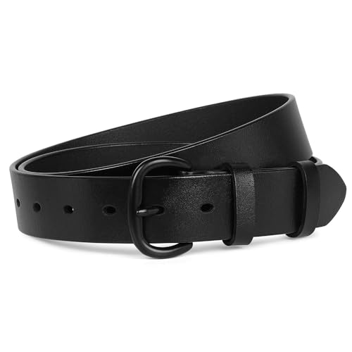 SANSTHS Women Leather Belt for Jeans Pants Dresses Black Ladies Waist Belt with Black Buckle, Black M - Image 1
