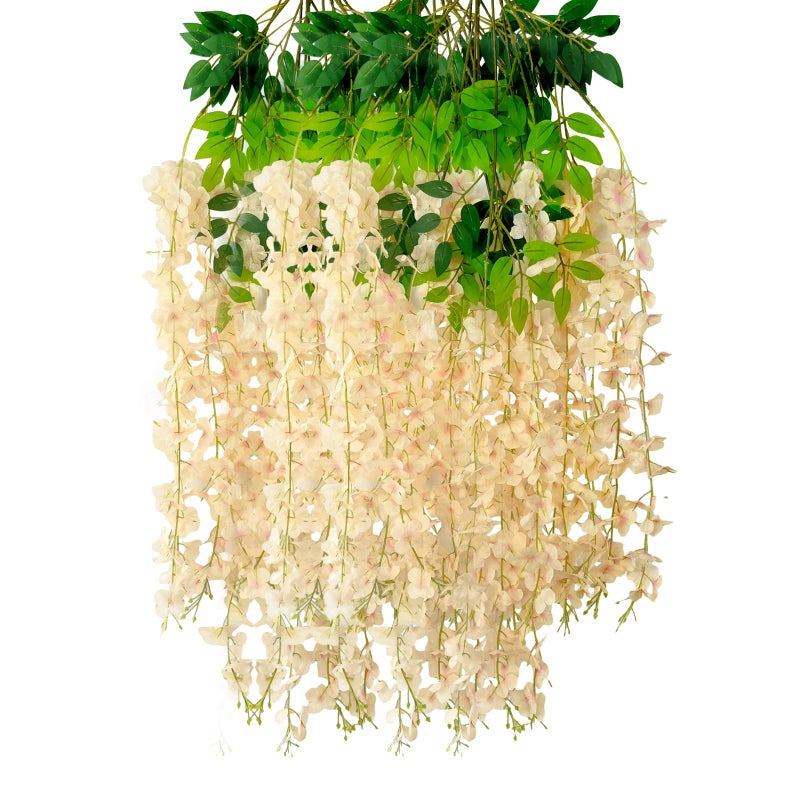 Luerbi 12 Pack Wisteria Hanging Flowers  3.77 Feet Artificial Flower Vines  Fake Rattan Hanging Flowers  Silk Wisteria Garland Flowers for Weddings  Gardens  Walls  Backdrop Party Decoration (Champagne Gold) - Image 1