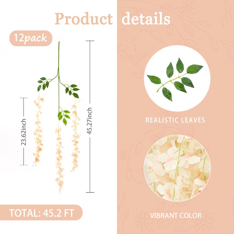 Luerbi 12 Pack Wisteria Hanging Flowers  3.77 Feet Artificial Flower Vines  Fake Rattan Hanging Flowers  Silk Wisteria Garland Flowers for Weddings  Gardens  Walls  Backdrop Party Decoration (Champagne Gold) - Image 3